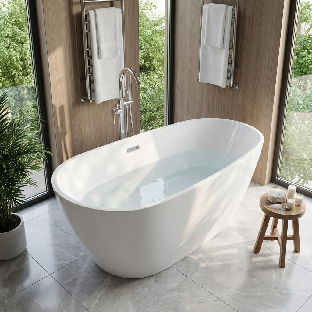 67' Freestanding Acrylic Bathtub, Deep Soaking Tub with Non-Slip Base & Chrome Drain, cUPC Certified, Easy Install, Space-Saving Bathtub, Modern Tub for Bathrooms, White Pearl
