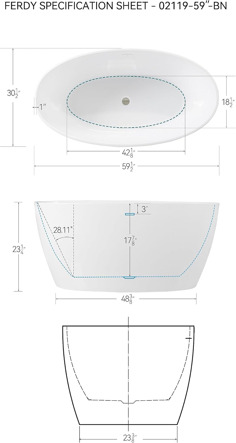FerdY Tahiti 59' Acrylic Freestanding Bathtub, Elegant Oval Shape Bathtub, Glossy White, Brushed Nickel Drain & Integrated Slotted Overflow Assembly Included cUPC Certified, 02119