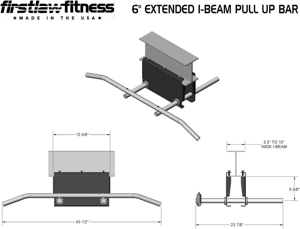 Firstlaw Fitness 600 LBS Limit - 6' Drop - I-Beam Pull Up Bar - Bent Bar - Rubber Grips