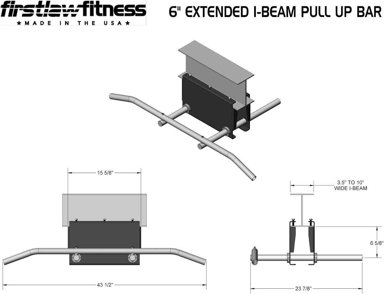 Firstlaw Fitness 600 LBS Limit - 6' Drop - I-Beam Pull Up Bar - Bent Bar - Rubber Grips