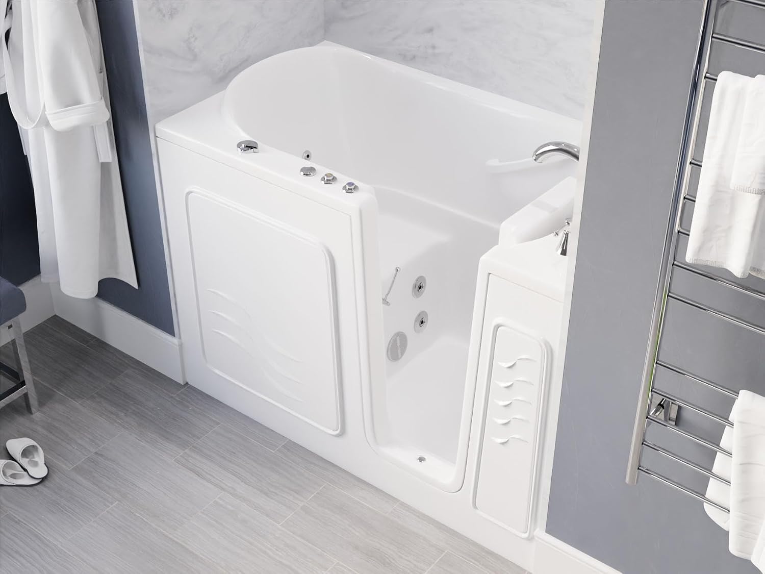 ANZZI Walk-In Tub, 30 x 53 in, Right Drain, Air & Whirlpool Jets, 110V | Spa features: Aromatherapy, chromatherapy, ADA slip-resistant seat, handheld shower, bath pillow included, LED light