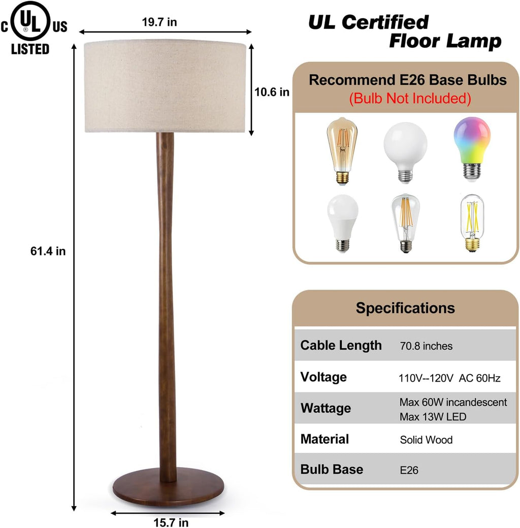 62' Tall Rustic Wood Floor Lamp for Living Room, Farmhouse Walnut Wood Floor Lamps with Linen Shade, UL Listed Standing Lamps with Wooden Base for Bedroom, Corner, Living Room, Office, Beige Shade