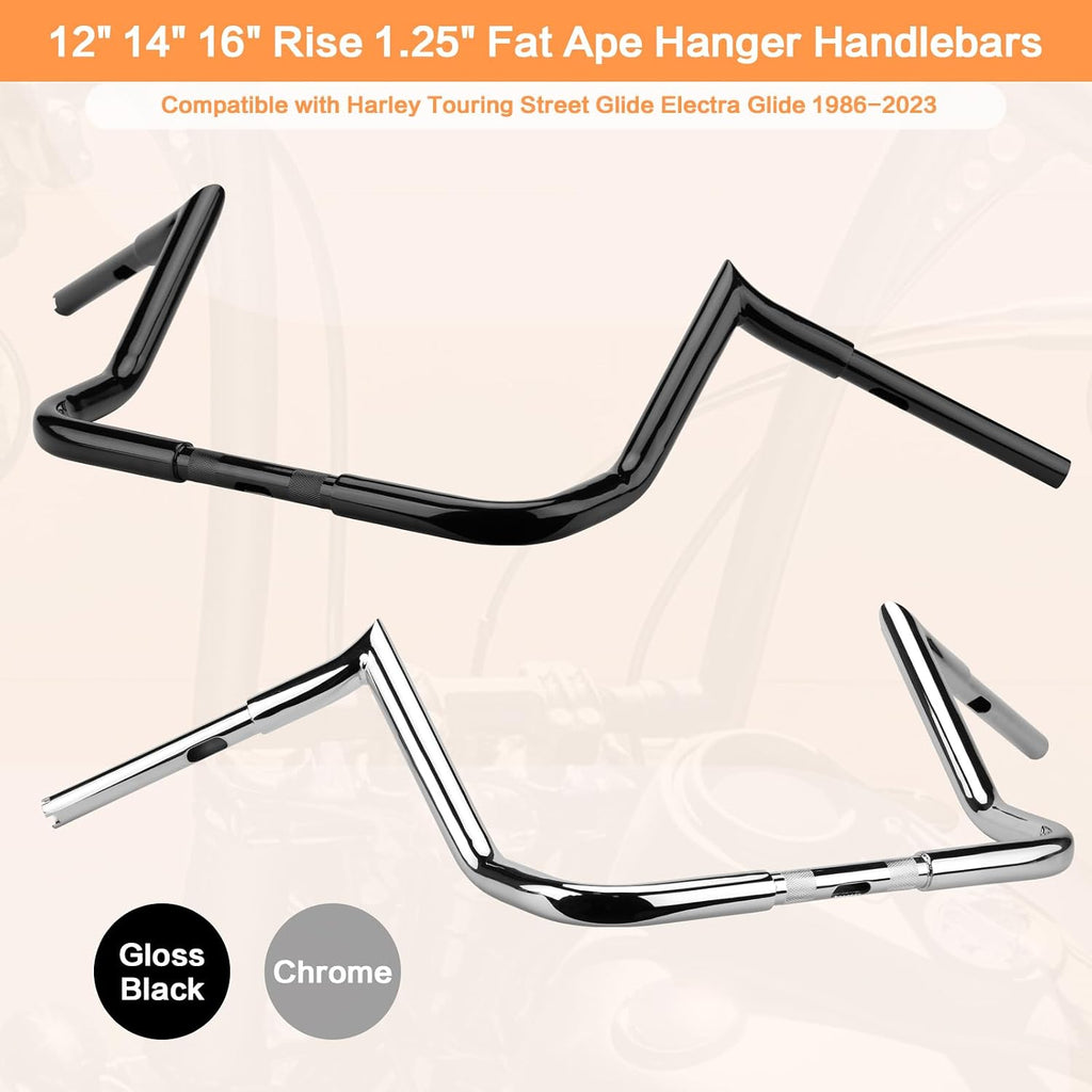 12' Rise Ape Hanger Handlebar 1.25' Fat 1' Clamp Handle bar Motorcycle Miter Meathook Bars Replacement for Harley Touring Model 1986-2023 Street Glide Electra Glide Classic Ultra Limited