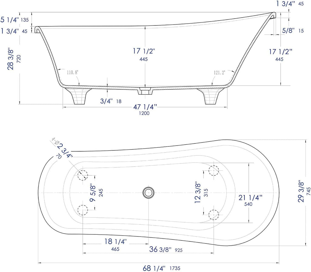 HomeStock 67' Clawfoot Bathtub - Solid Surface Resin Freestanding Tub - White