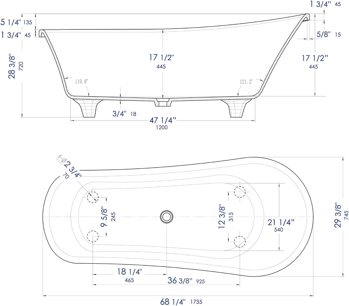 HomeStock 67' Clawfoot Bathtub - Solid Surface Resin Freestanding Tub - White