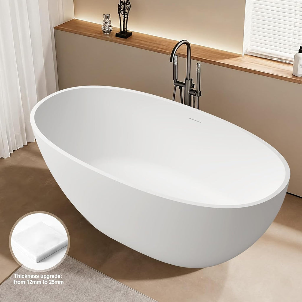 Stone Resin Freestanding Bathtubs,67'Solid Surface Matte White Oval Upgrade 25mm ultra-thick edges Luxury Stand Alone Bathroom Bath Soaking Tub with Pop up Drain & Integrated Slotted Overflow