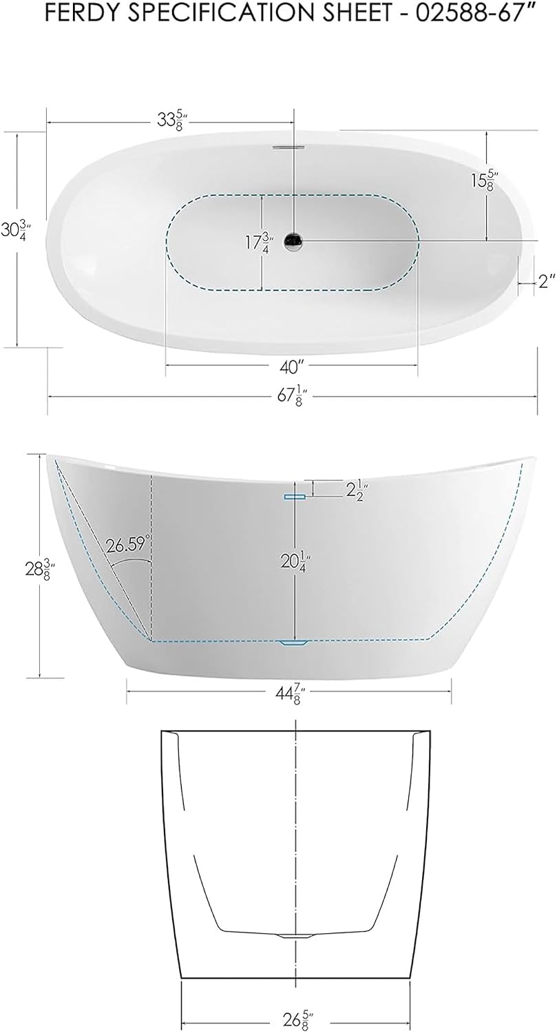 FerdY Bali 67' Acrylic Freestanding Bathtub, Gracefully Shaped Freestanding Soaking Bathtub, Toe-Tap Chrome Drain and Classic Slotted Overflow Included, Glossy White, cUPC Certified,