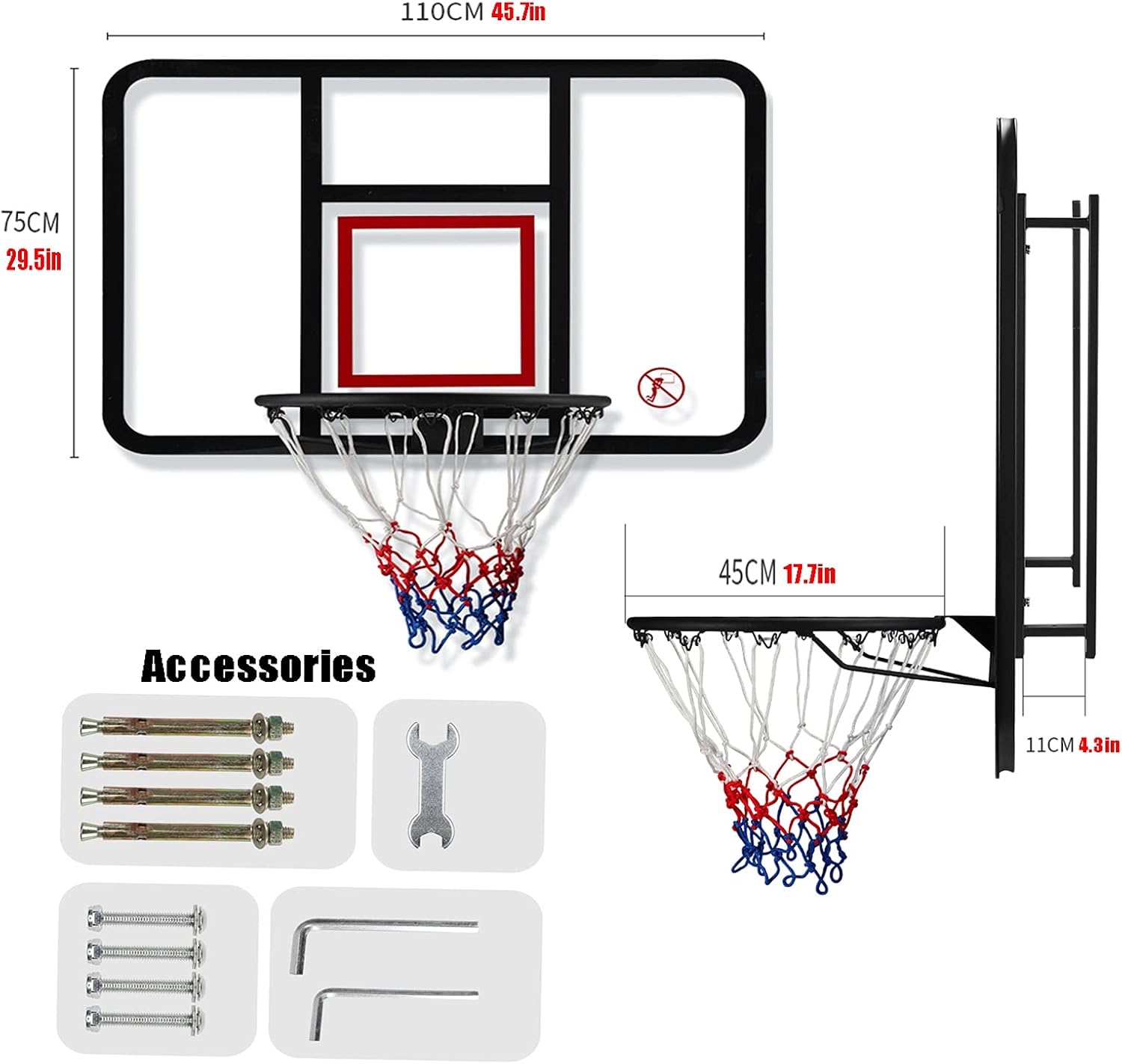 Wall-Mounted Mini Basketball Hoop, Indoor and Outdoor Portable Basketball Training Stand, 110x75cm/45.7'x29.5'