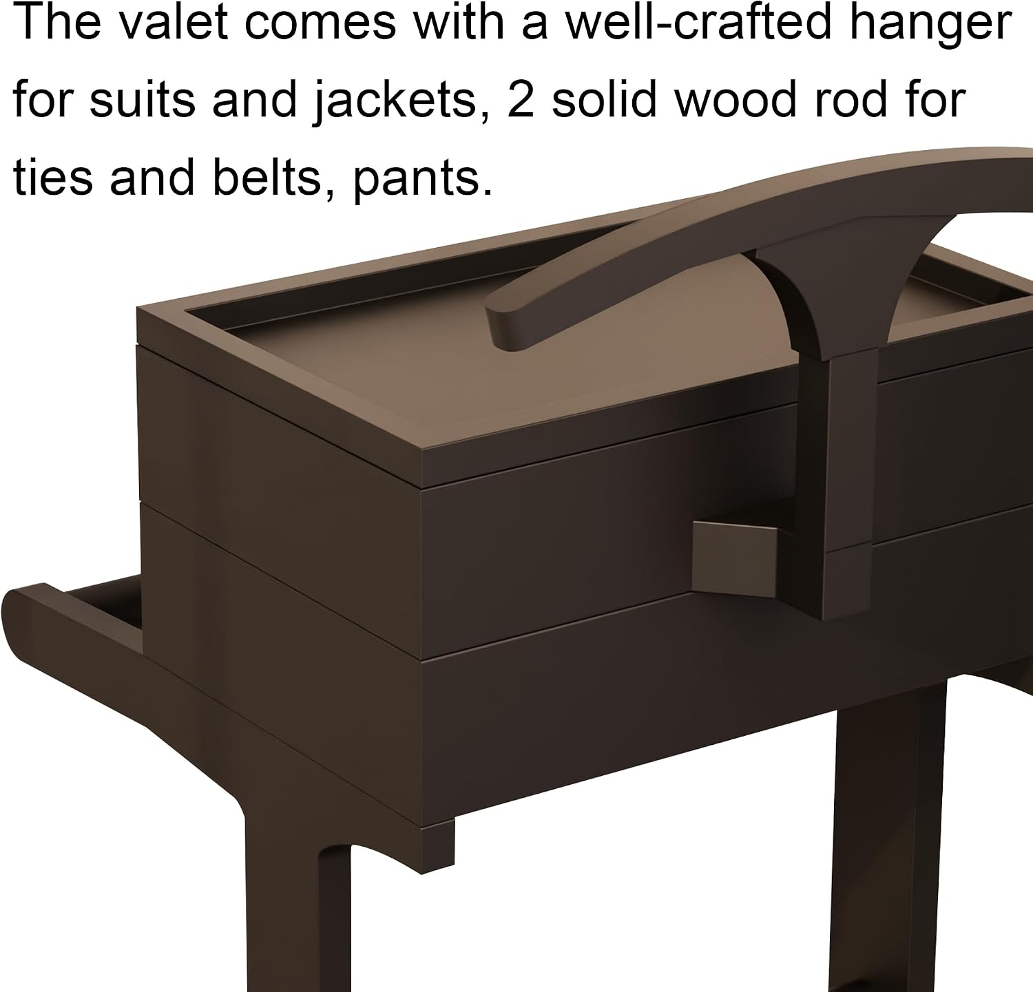 Brefhome Luxury Mens Valet Stand with Storage Drawer & Jewelry Tray, Executive Wooden Clothes Rack for Men Women, Garment Organizer for Suit, Tie, Pant, Watch & Phone, Black (Box + Drawer)