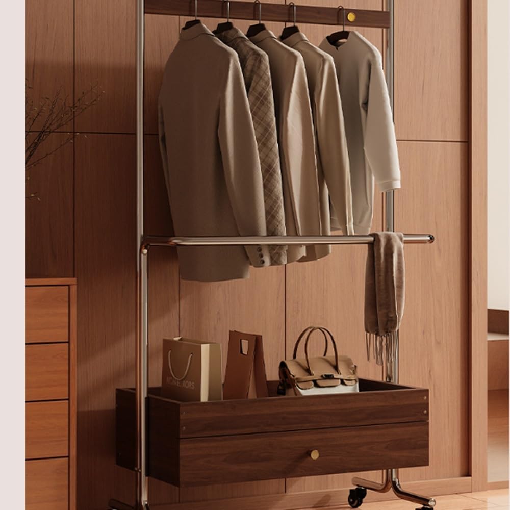Metal Frame Coat Rack Freestanding, Mobile Clothing Racks with Wheels, Retro Coat Stand with Solid Wood Drawer, Multifunctional Clothes Rack for Bedroom, Cloakroom(61cm-24in)