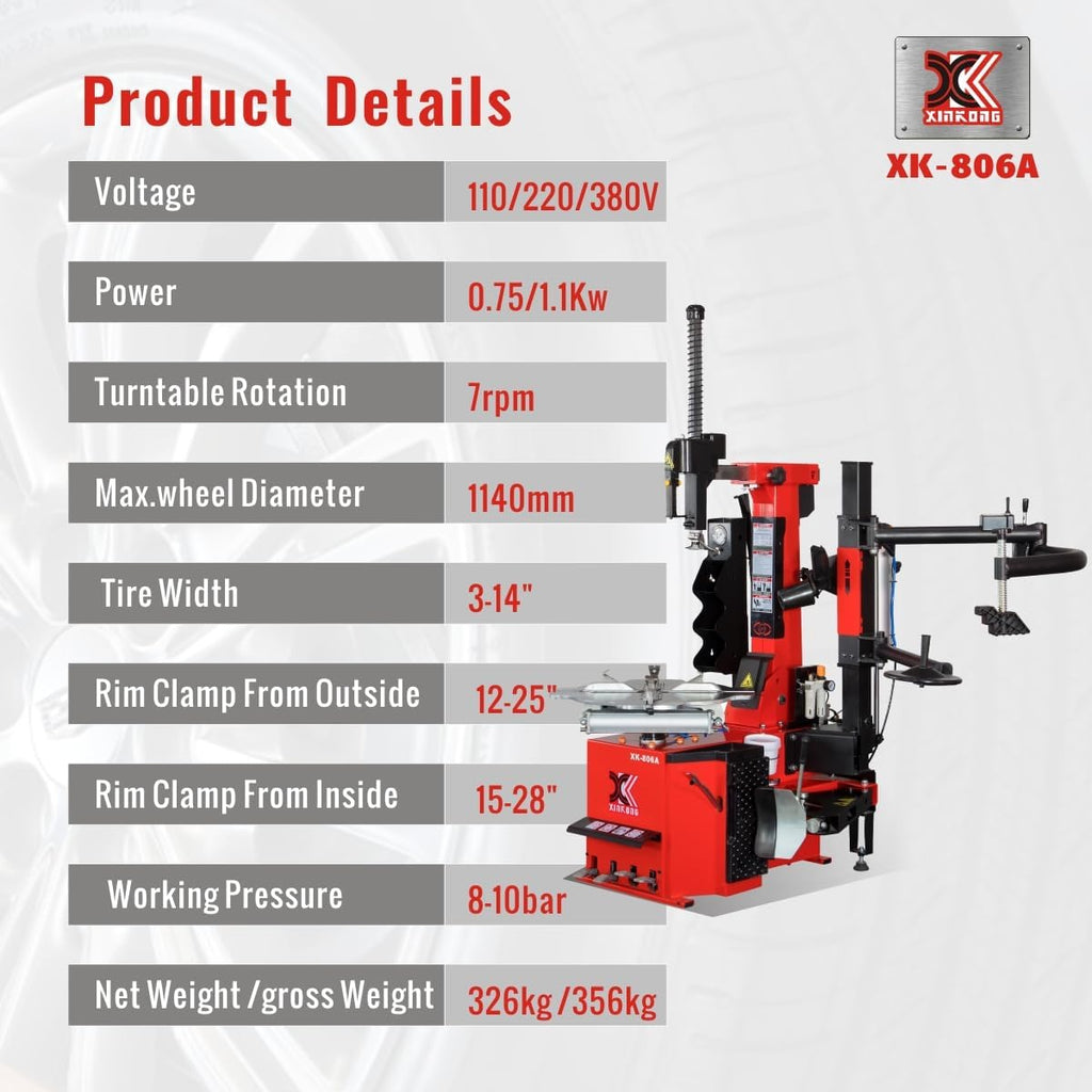XK-806A Tire Changer Machine Tilt Back Column 2.0 Horsepower 10-28 Inches with 12 Month Parts Replacement