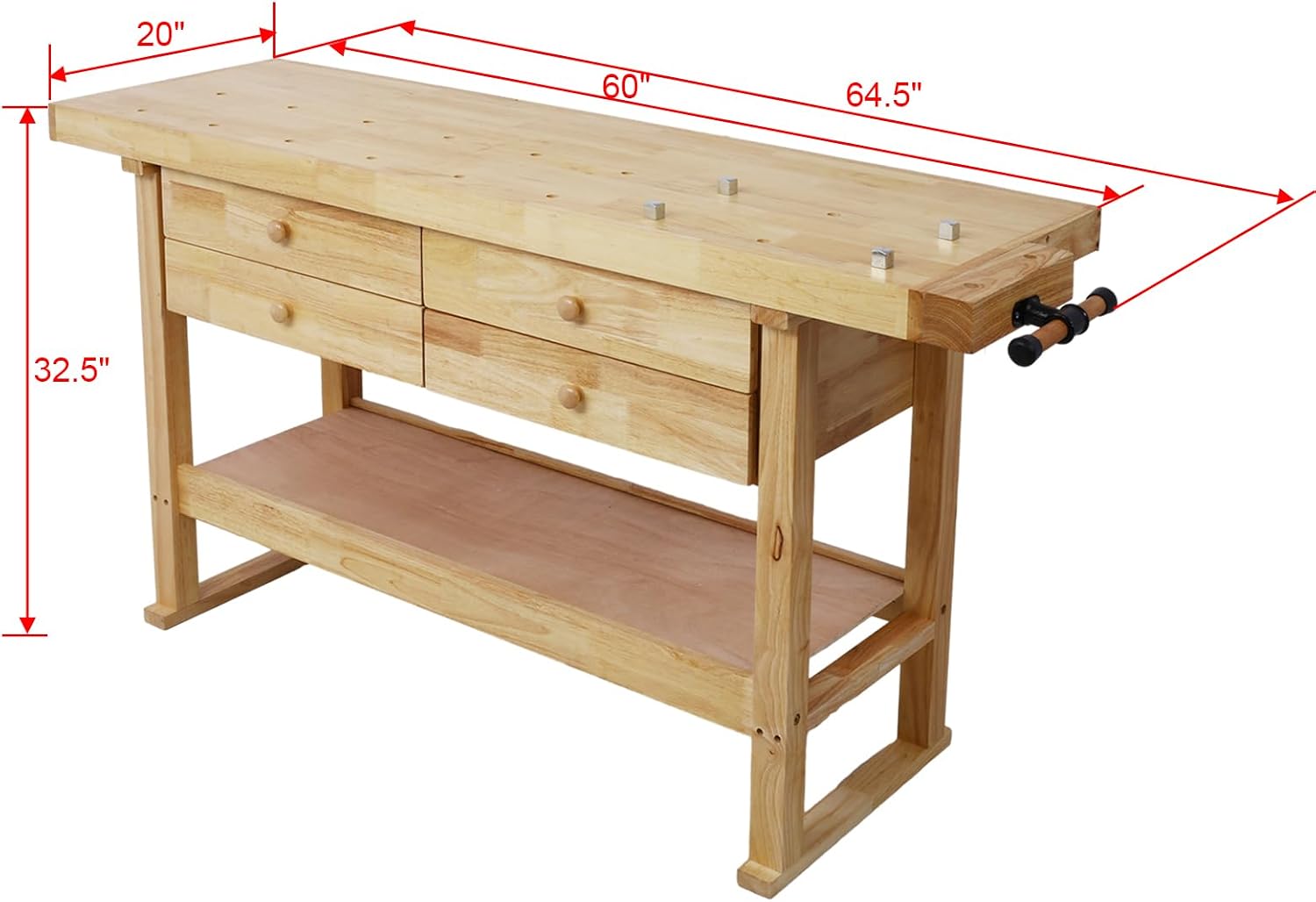 60in Workbench with 4 Drawers Wooden Workbench for Garage Workshop and Home, with Bar Clamps (2, Set 24' x 4.8' Throat)