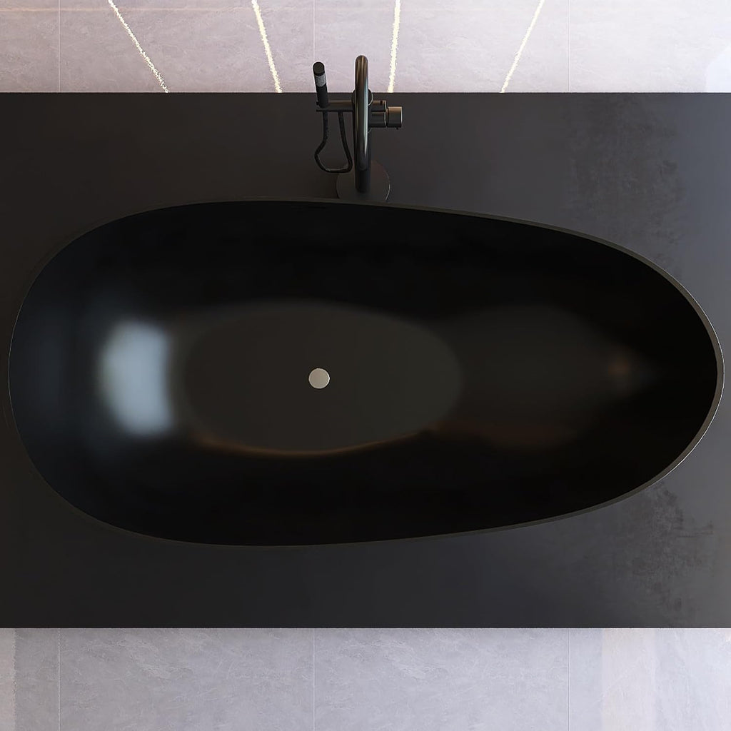 67' Freestanding Bathtub, Contemporary Soaking Bathtub, Easy to Install, Solid Surface Soaking Tub with Overflow and Pop-up Drain, Matte Black 302MB1700
