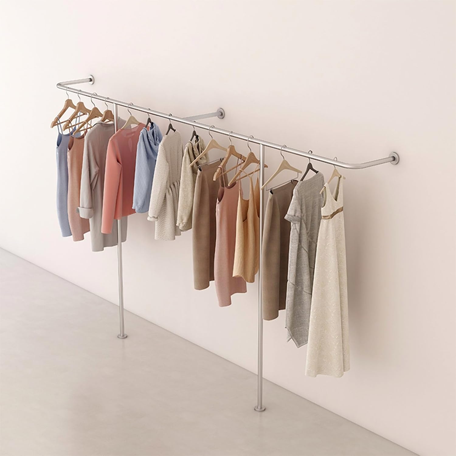 Industrial Pipe Clothing Rack Wall Mounted Garment Display Stand Heavy Duty T Shaped Retail Organizer for Creative Clothing Store Silver Finish Closet Storage and Towel H