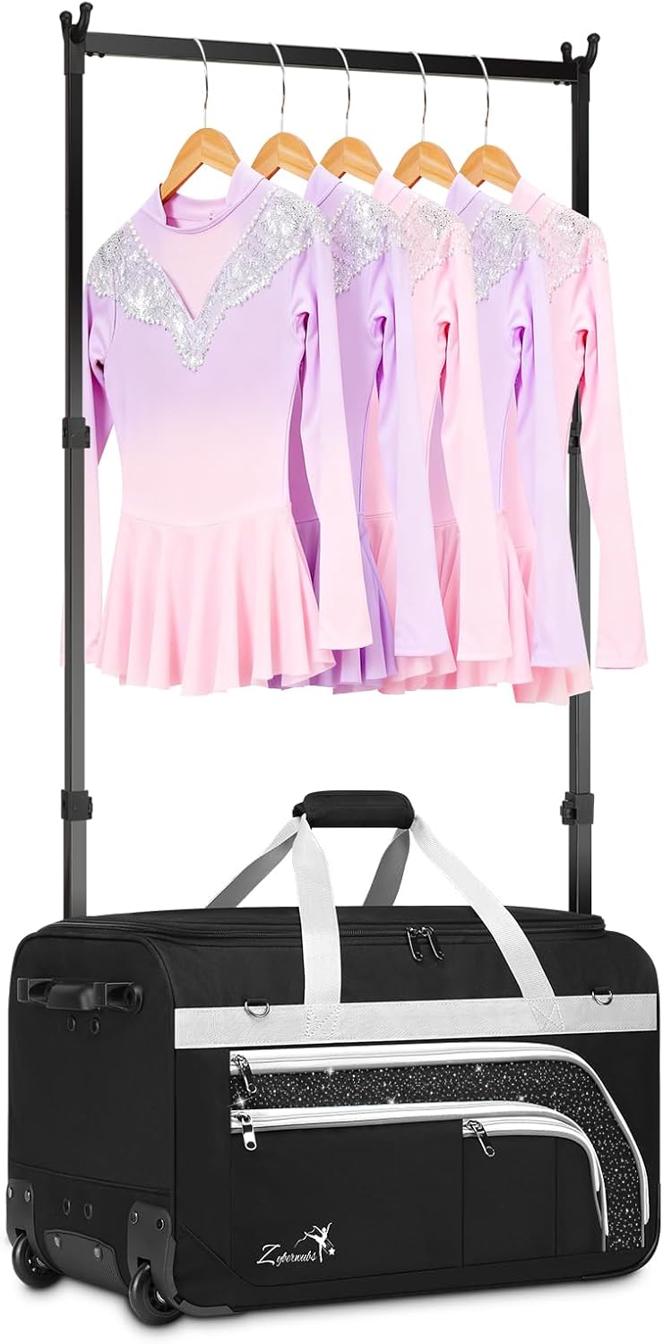 Dance Bag with Garment Rack - 28' Rolling Dance Competition Duffle Bag with Rack | Wheeled Dance Suitcase - Multiple Pockets for Dancers Cheerleader Athlete Travelers Livestreamer Cosplayer