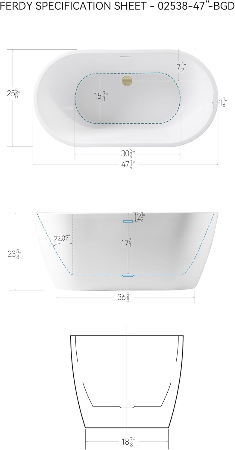 FerdY 47' Acrylic Freestanding Bathtub, Contemporary Soaking tub with Brushed Gold Drain, Elegant Oval Shape, cUPC Certified, Bali