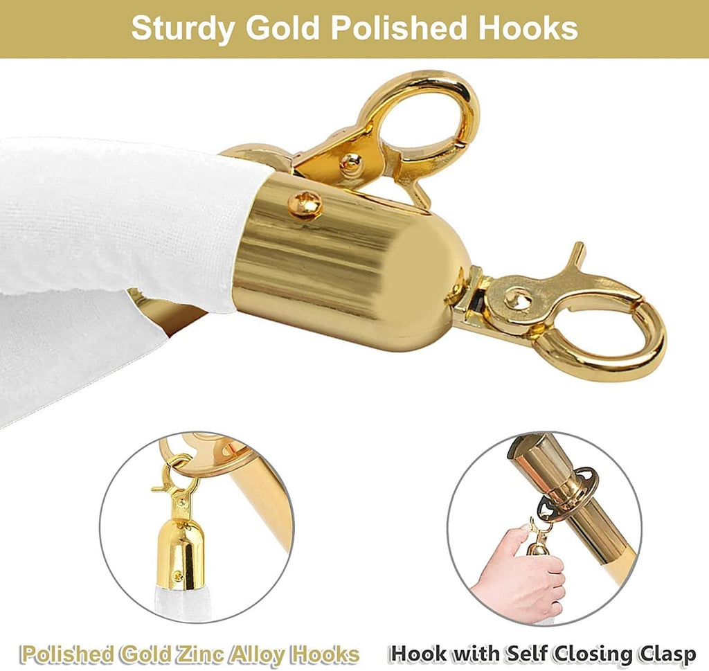 Premium Velvet Queue Barrier with Polished Hooks - 2 PCS, 5ft Gold & White Stanchion Rope for Weddings, Hotels, Event Planning, Party Decoration