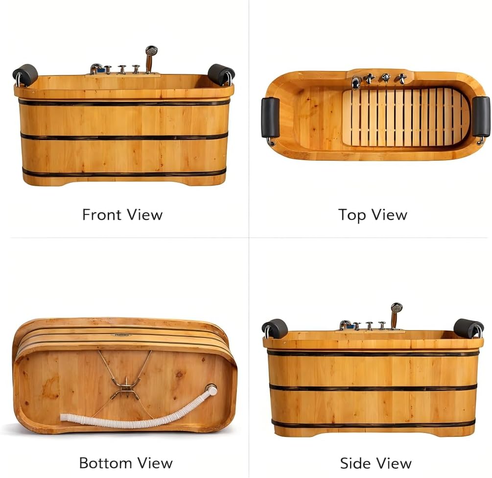 OGOLUOG Cedar Wood Soaking Tub Freestanding Wooden Bathtub with Adjustable Seat Backrest and Headrest, Adult Spa Bath Tub 47.2'–63' for Home Bathroom (NW, 55')