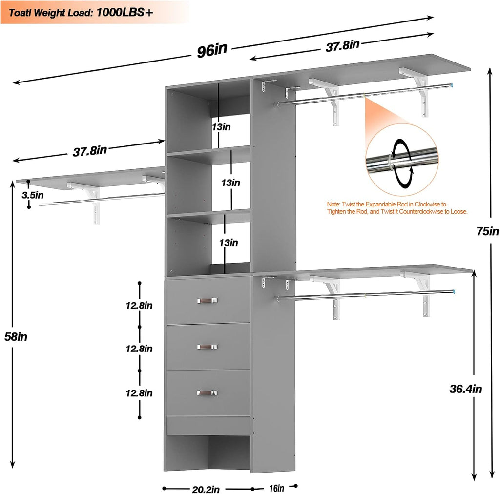 Armocity 96' Wood Closet System with 3 Enclosed Drawers & 3 Solid Shelves, 8FT Adjustable Closet Organizers and Storage, Heavy Duty Modular Wardrobe for Reach-In & Walk-In, 1000 LBS Load, Grey
