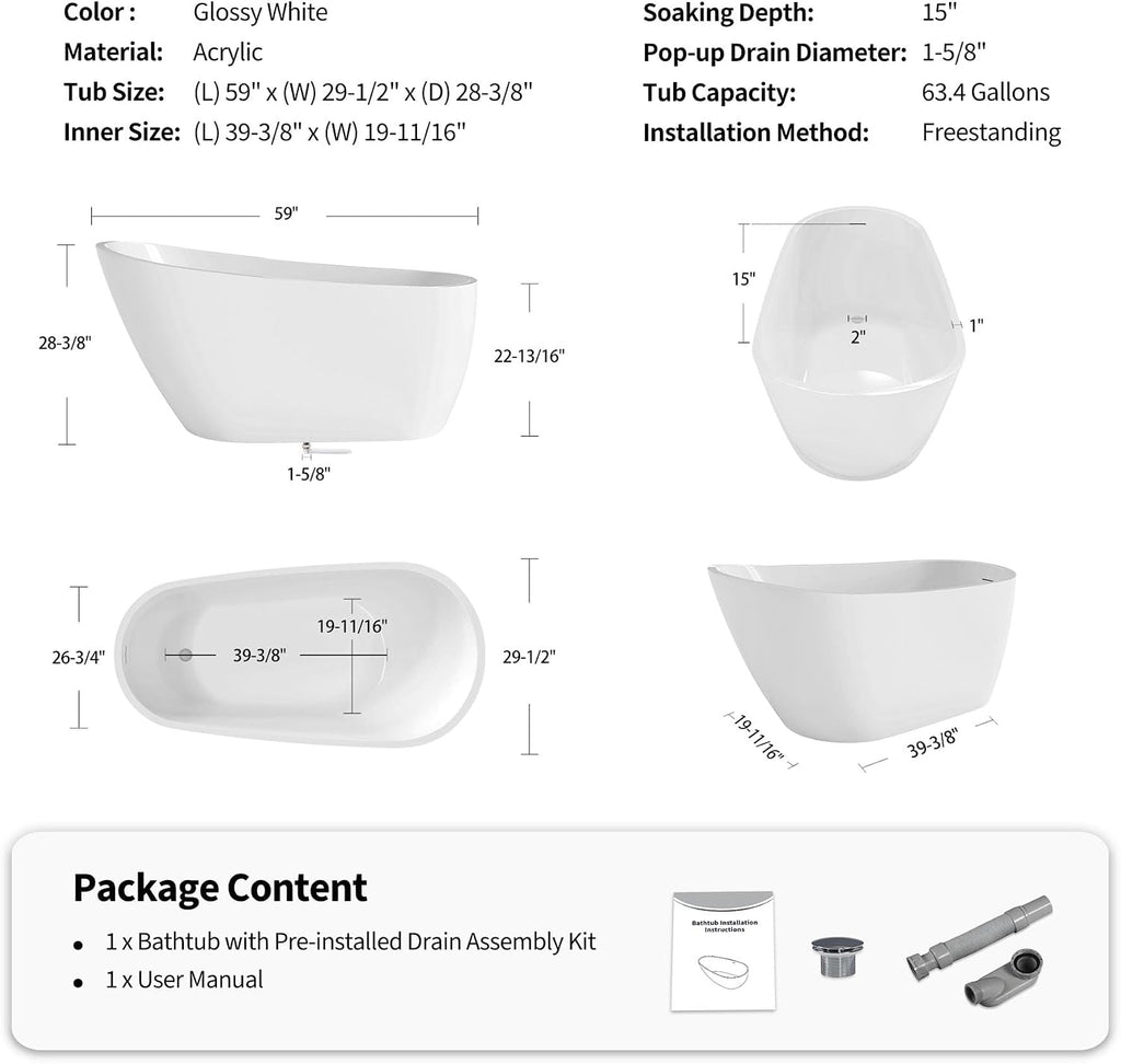 Acrylic Soaking Tub with Pop-up Drain & Integrated Overflow, Freestanding Bathtub with Double-Wall Insulation, Stand Alone Tub, Ergonomic, Easy Install (59')