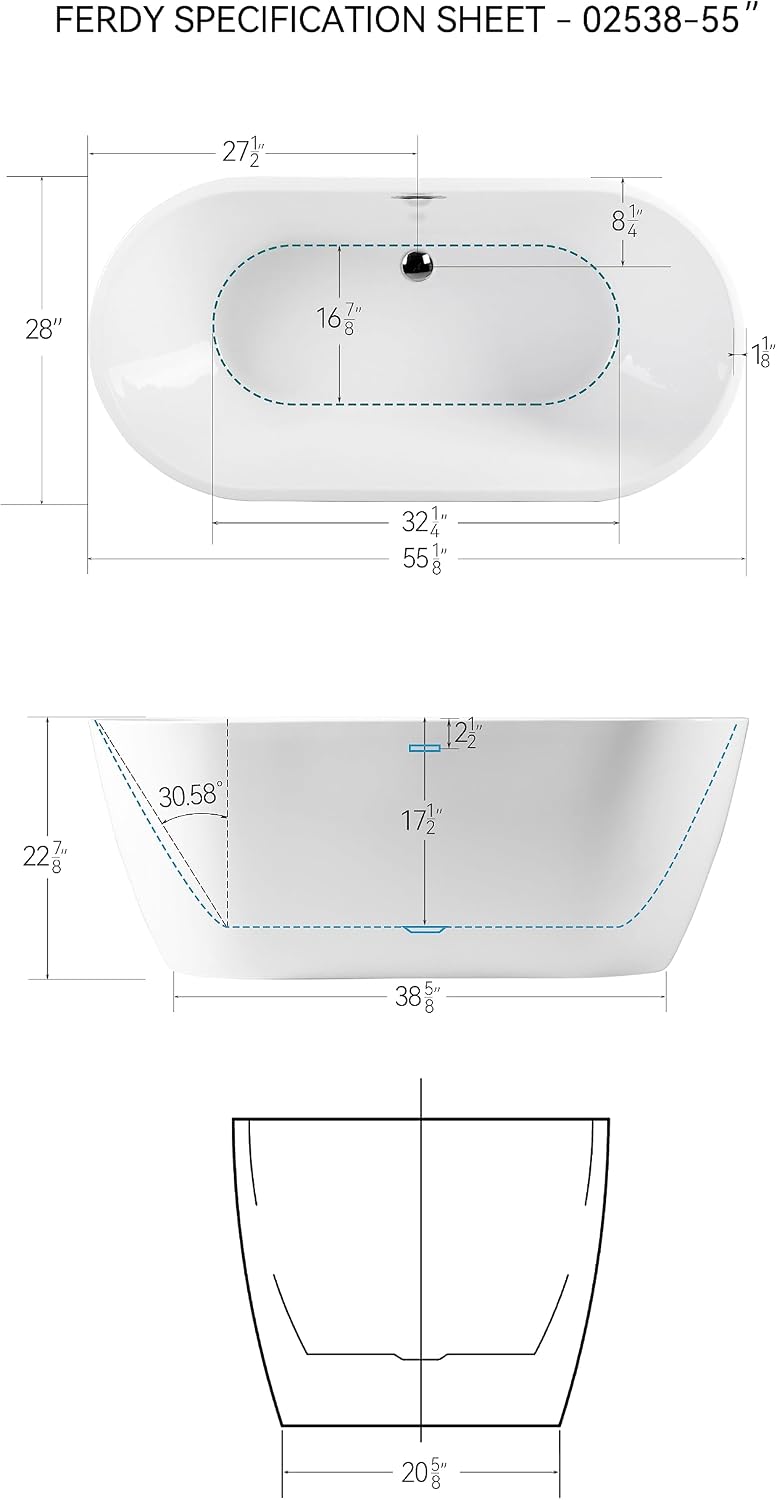 FerdY 55' Acrylic Freestanding Bathtub, Contemporary Soaking tub with Chrome Drain & Overflow, cUPC Certified, Elegant Oval Shape, Bali