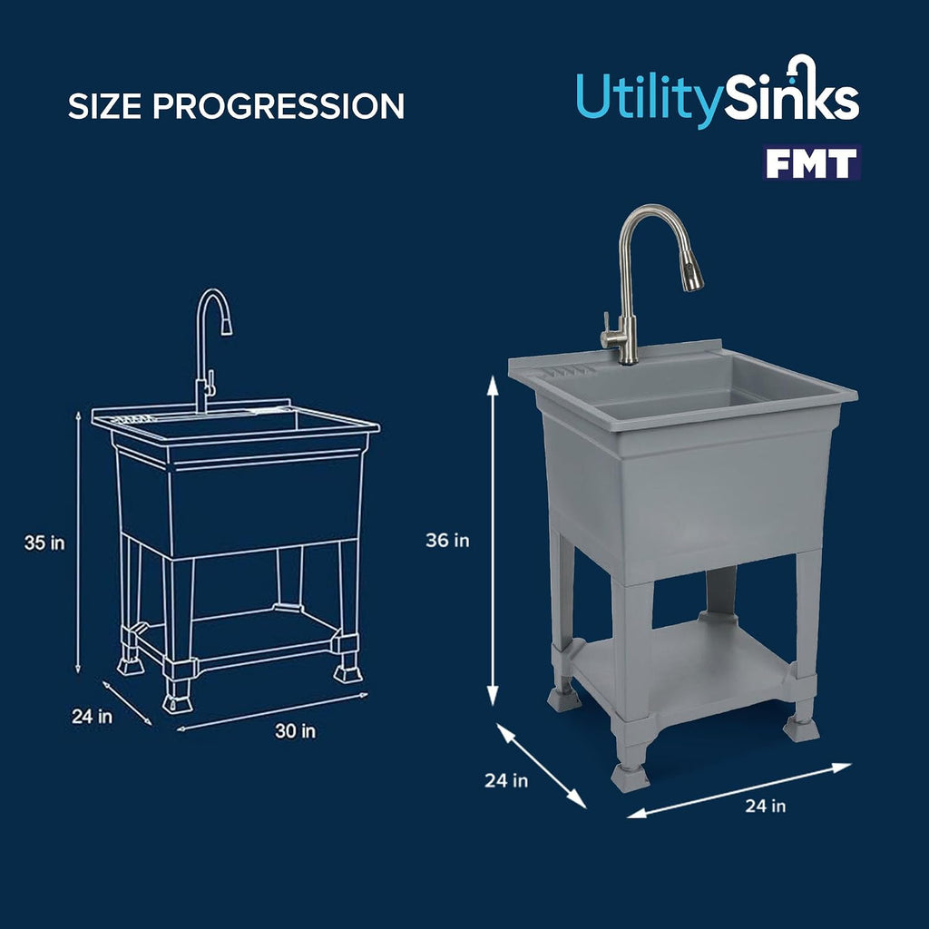 UTILITYSINKS Freestanding Utility Tub Sink with Quick Connect Drain, 24 x 24', Gray - Portable and Compact Sink with Faucet for Outdoor Kitchen, Laundry Room, Garage, and Basement
