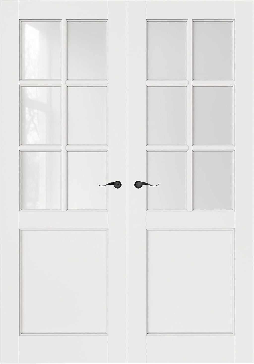 French Door 56' x 80' (Double 28' x 80') 6-Lite Frosted Glass Door Slabs with Pre-Hung Jamb, Black Hinges, Levers and Latch, White Primed, French Interior Doors with Frame, Swing Double Bedroom Doors