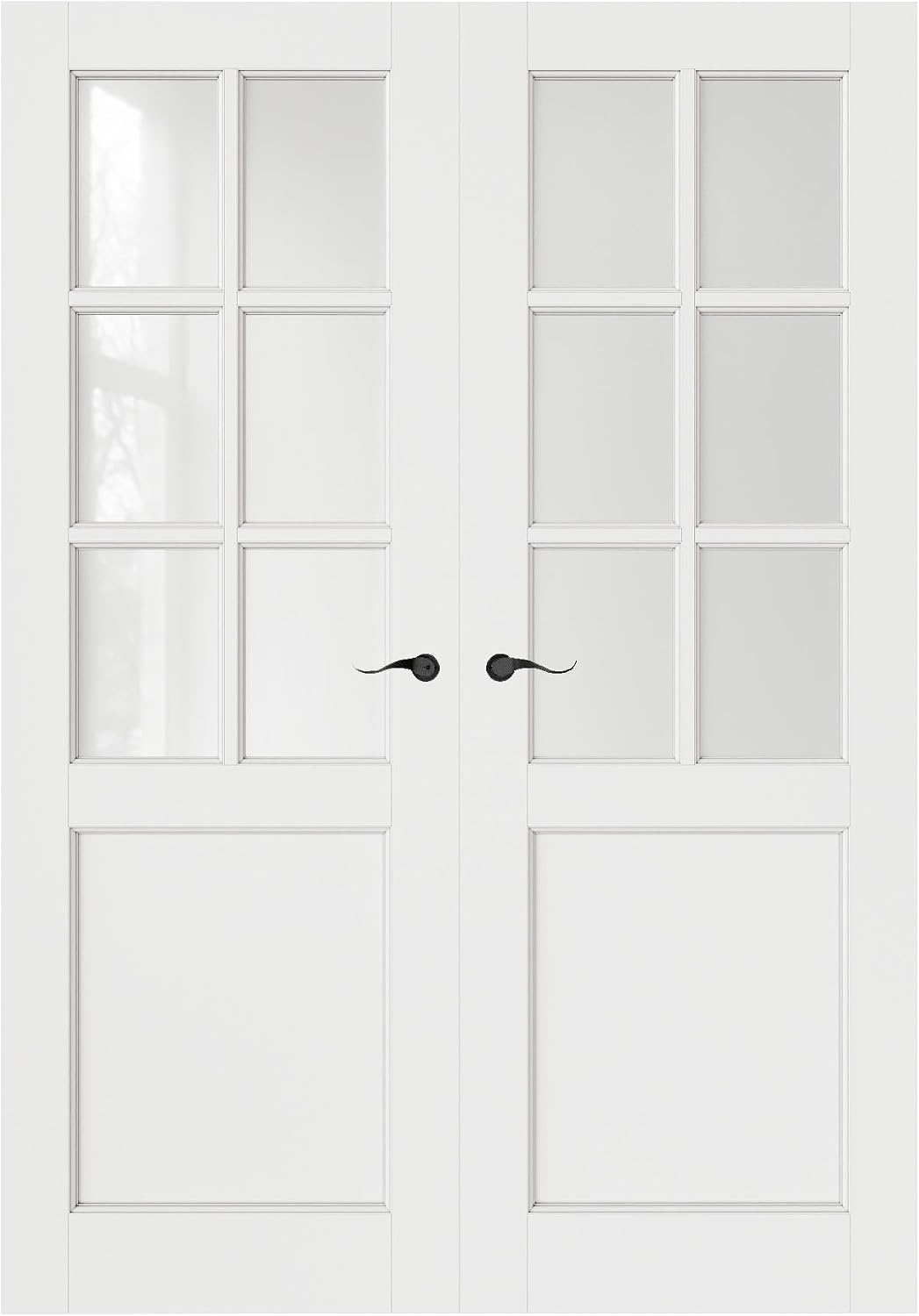 French Door 56' x 80' (Double 28' x 80') 6-Lite Frosted Glass Door Slabs with Pre-Hung Jamb, Black Hinges, Levers and Latch, White Primed, French Interior Doors with Frame, Swing Double Bedroom Doors