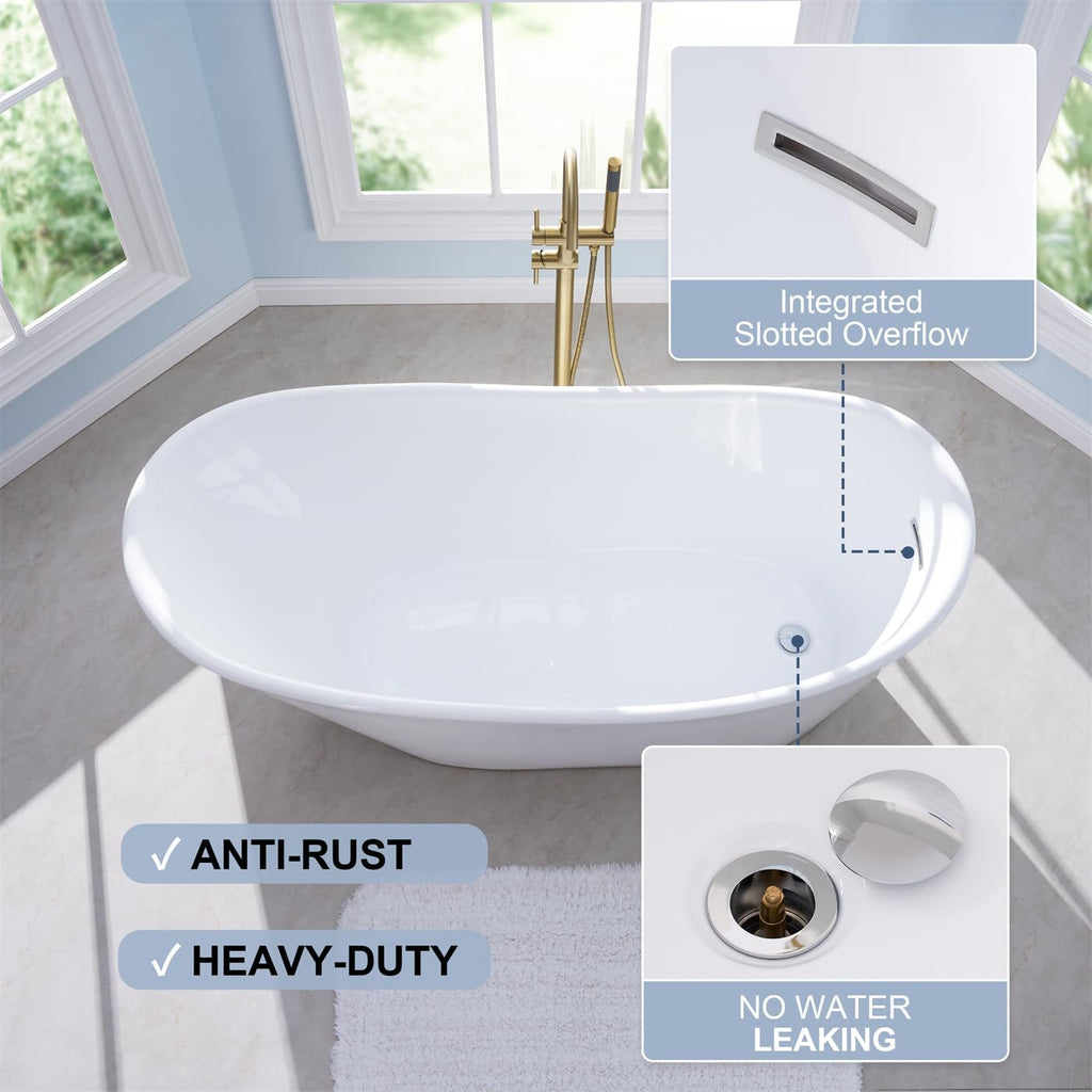 WELLFOR 67' Freestanding Bathtub, 71 Gallons Capacity, Acylic Soaking Bath Tub with Chrome Bathtub Drain and Groove Overflow, Freestanding Soaking Tub Sutiable for 1 Person, Glossy White