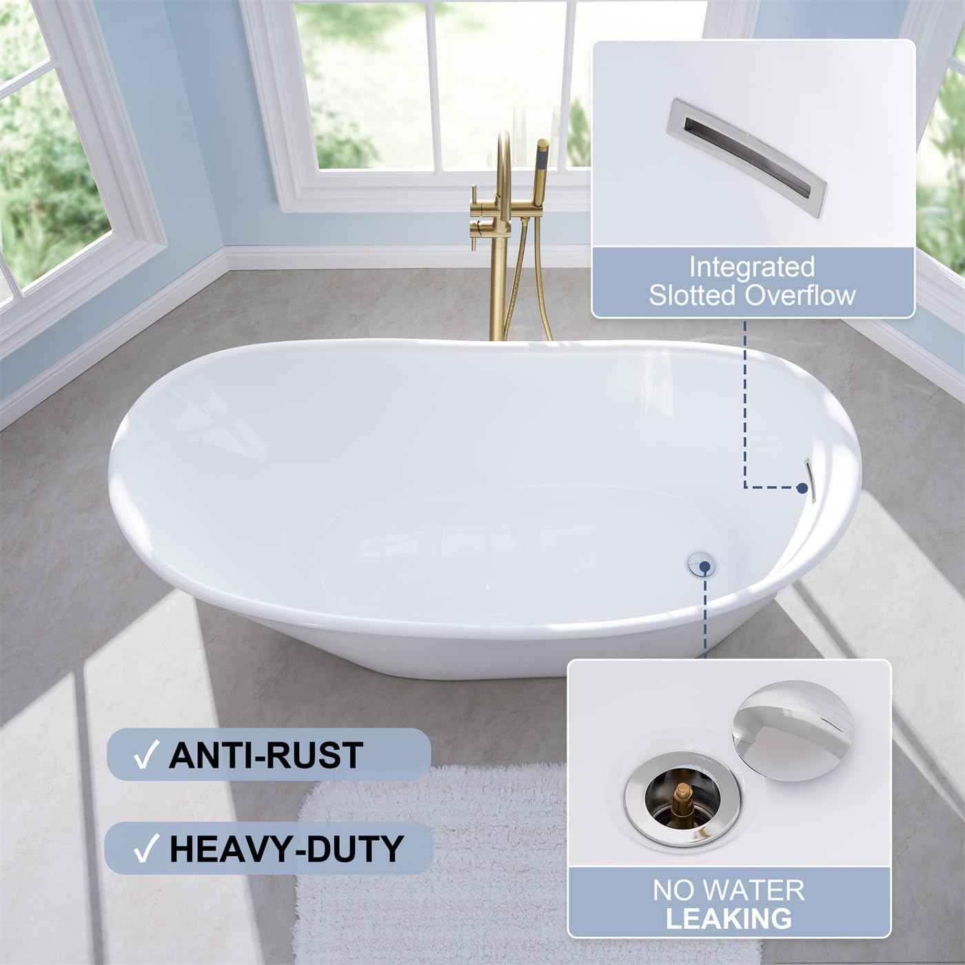 WELLFOR 67' Freestanding Bathtub, 71 Gallons Capacity, Acylic Soaking Bath Tub with Chrome Bathtub Drain and Groove Overflow, Freestanding Soaking Tub Sutiable for 1 Person, Glossy White