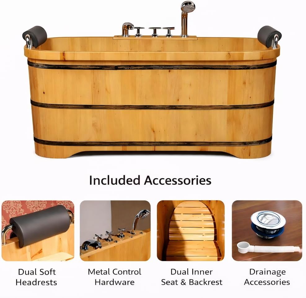 OGOLUOG Cedar Wood Soaking Tub Freestanding Wooden Bathtub with Adjustable Seat Backrest and Headrest, Adult Spa Bath Tub 47.2'–63' for Home Bathroom (NW, 55')