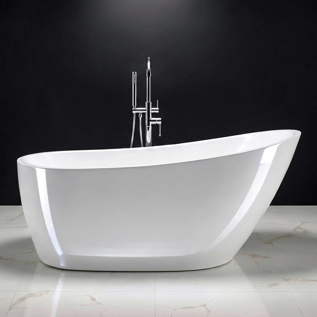 59' Acrylic Freestanding Bathtub, 15' Deep Double-Walled Insulated Soaking Tub with Ergonomic High Backrest, cUPC Certified Stand Alone Oval Bath Tub with Polished Chrome Overflow & Drain, Gloss White
