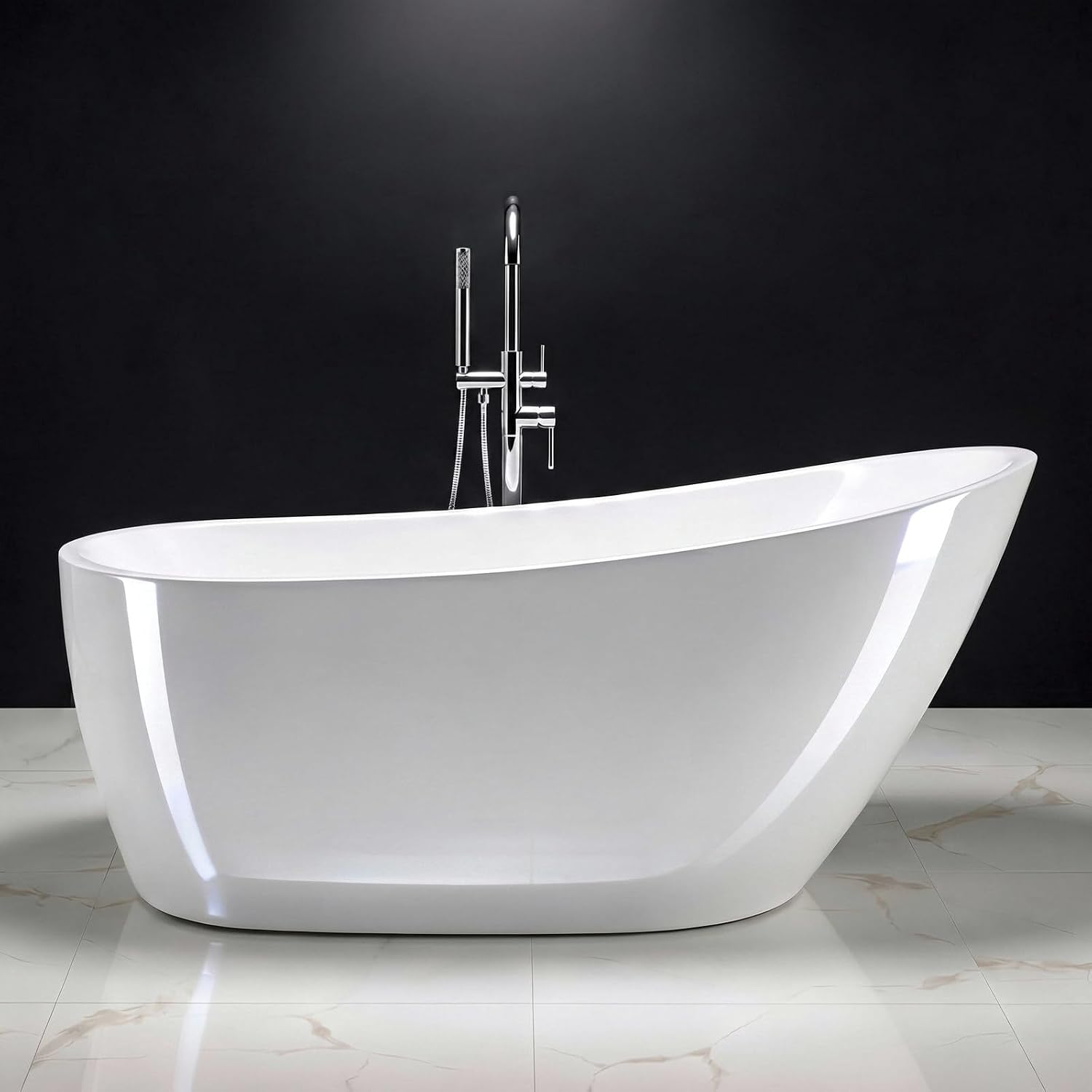 59' Acrylic Freestanding Bathtub, 15' Deep Double-Walled Insulated Soaking Tub with Ergonomic High Backrest, cUPC Certified Stand Alone Oval Bath Tub with Polished Chrome Overflow & Drain, Gloss White