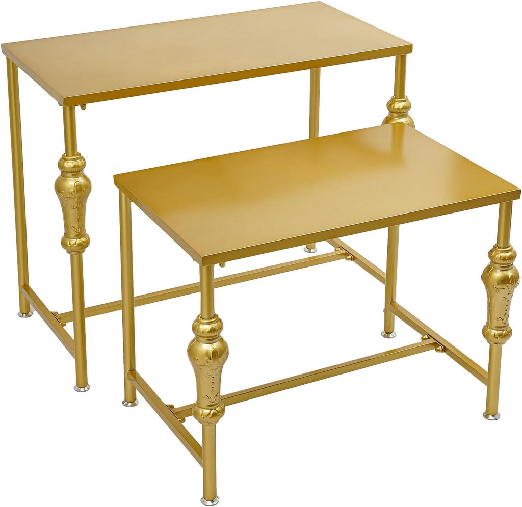 Industrial Retail Display Tables, Set of 2 Standing Clothing Shoes Display Rack, Heavy Duty Boutique Display Riser Storage Shelves, Garment Handbag Display Stand for Retail Clothing Store (Gold)