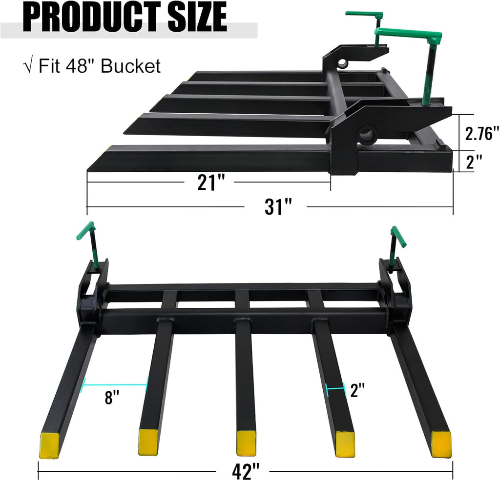 Debris Forks to 48' Bucket, Heavy Duty Clamp-On Pallet Fork 2500 lbs Capacity Load, Tractor Forks Attachment Fit for Loader Bucket Skidsteer Tractor