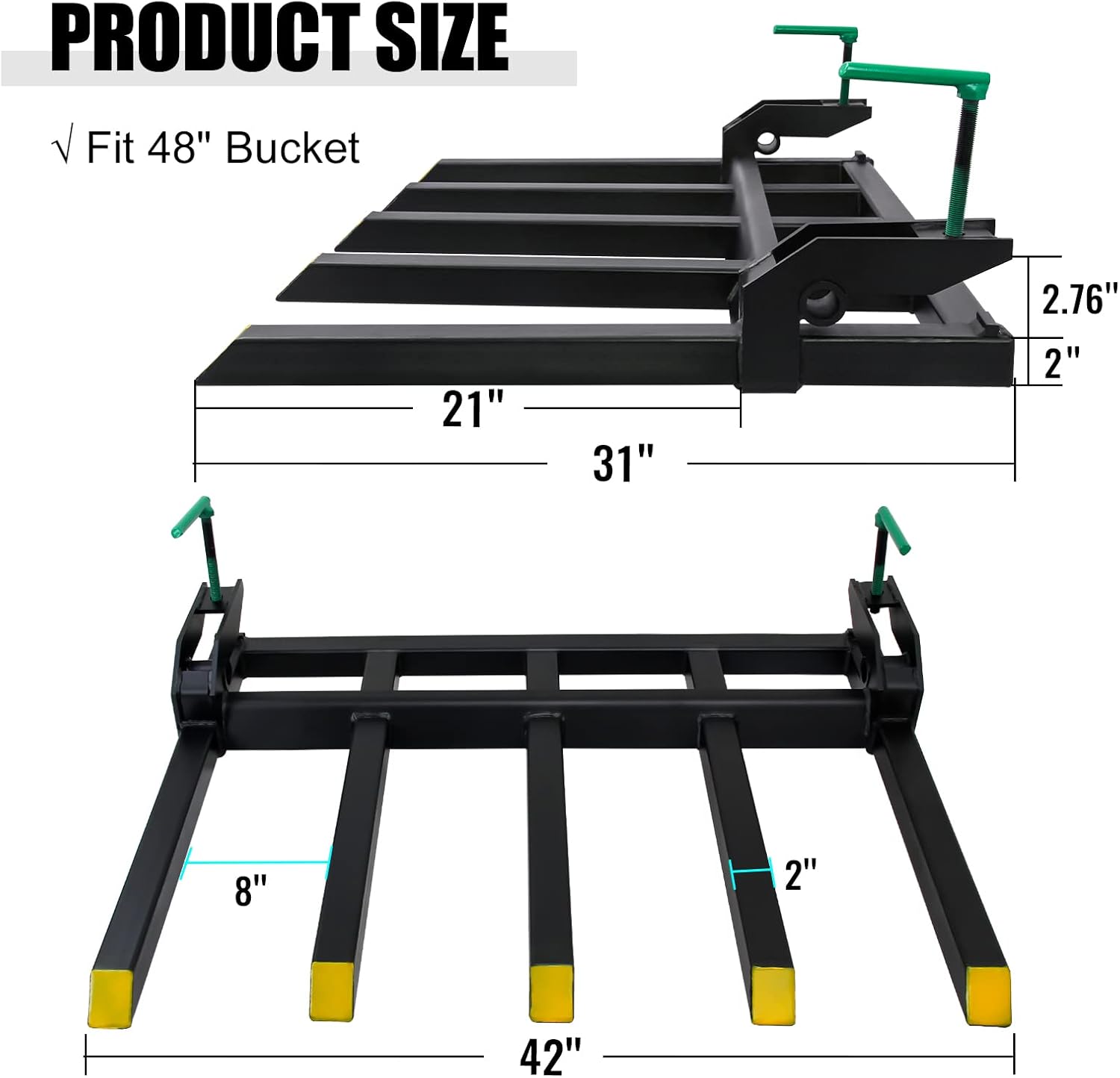 Debris Forks to 48' Bucket, Heavy Duty Clamp-On Pallet Fork 2500 lbs Capacity Load, Tractor Forks Attachment Fit for Loader Bucket Skidsteer Tractor