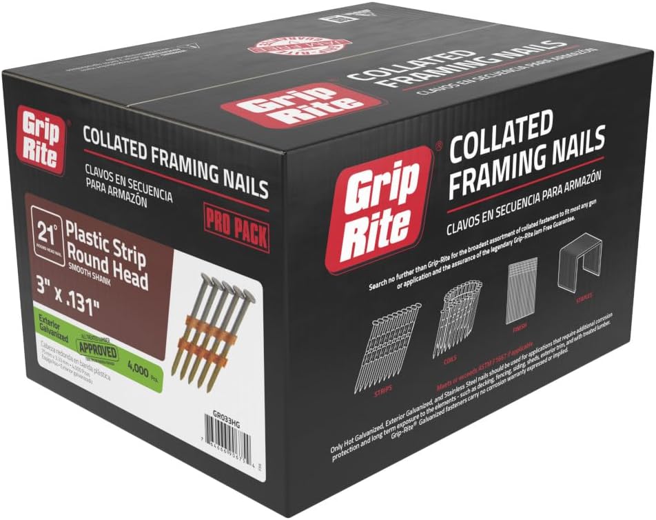 Grip-Rite 21 Degree Framing Nails - Exterior Galvanized Nails for Wood-To-Wood Framing Projects - Plastic Strip Collated Fastener - Round Head - Smooth Shank - 3' x .131' - 4000 Count - GR033HG