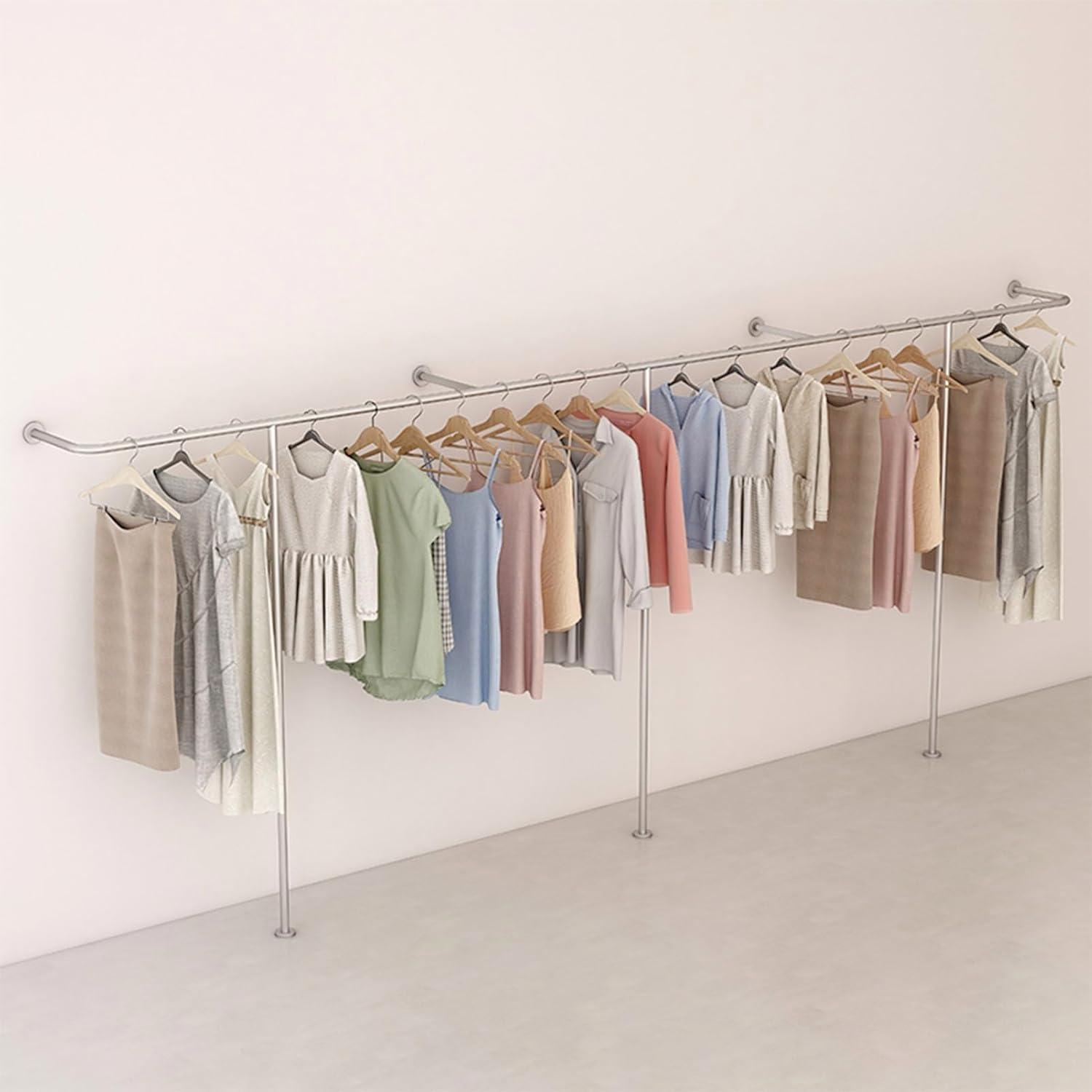 Industrial Pipe Clothing Rack Wall Mounted Garment Display Stand with Heavy Duty Closet Storage Creative Clothing Store Clothes Rail Silver T Shaped Retail Organizer Towel Hanging