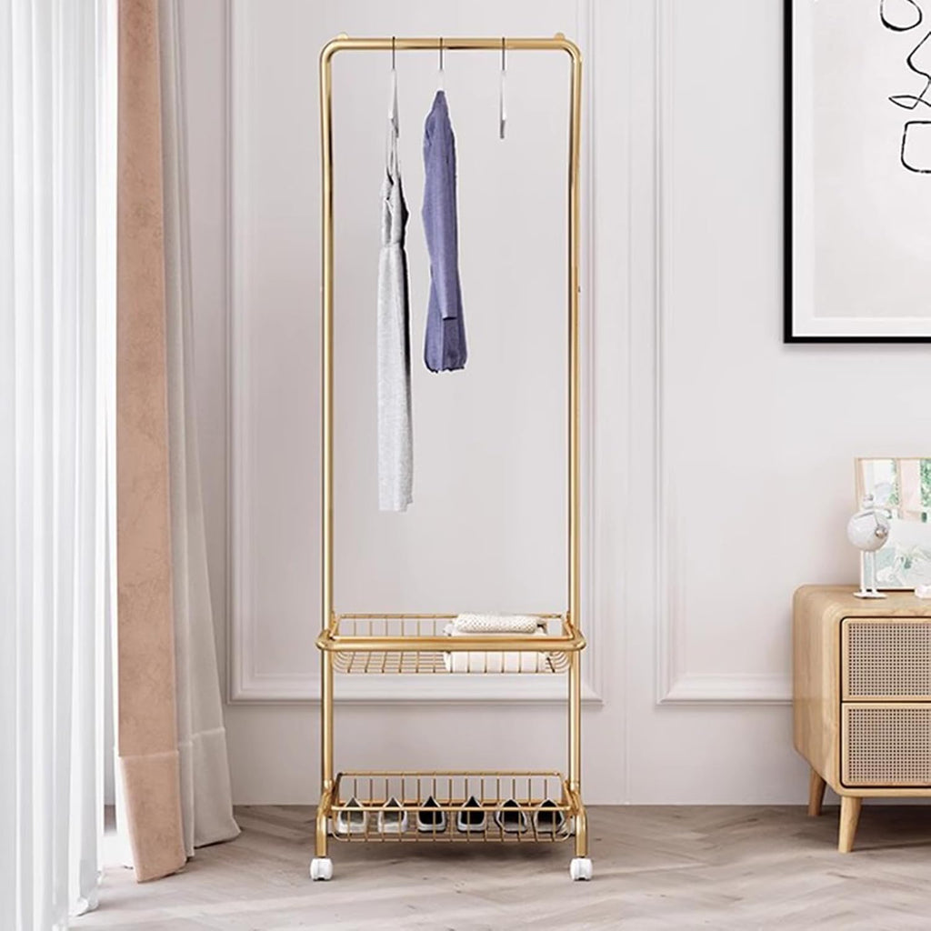 Heavy duty Garment rack 2-in-1 Clothing Rack With Hanging Rod And 2 Storage Basket, Heavy Duty Metal Clothes Organizer With Wheels, Freestanding Coat Rack For Entrance And Bedroom, 52x41x170CM (Gold