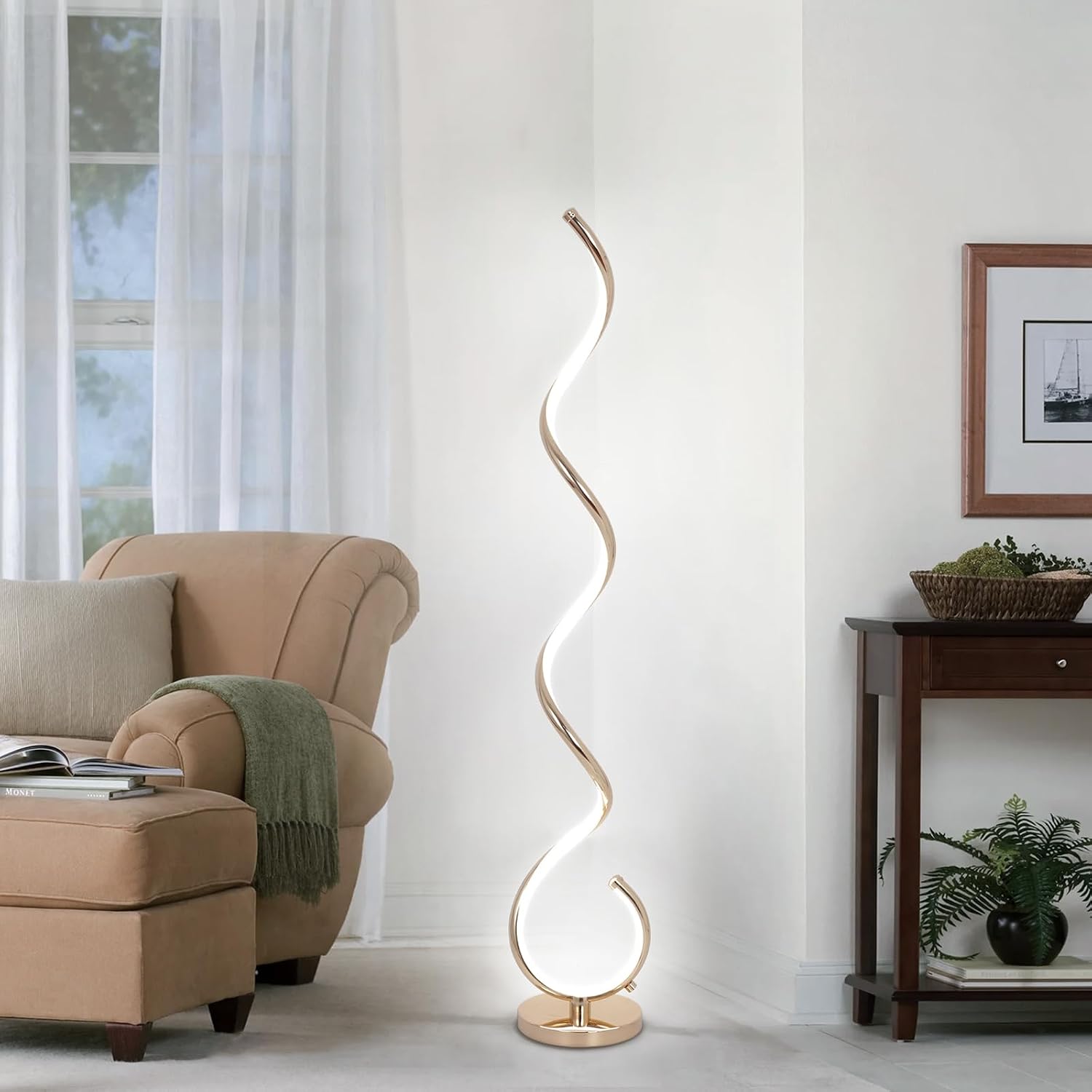 EIDISUNY Modern Spiral Floor Lamp for Living Room, Bedroom & Office - 3 Color Temperature LED with Remote & Foot Switch, Dimmable 48W (Gold)