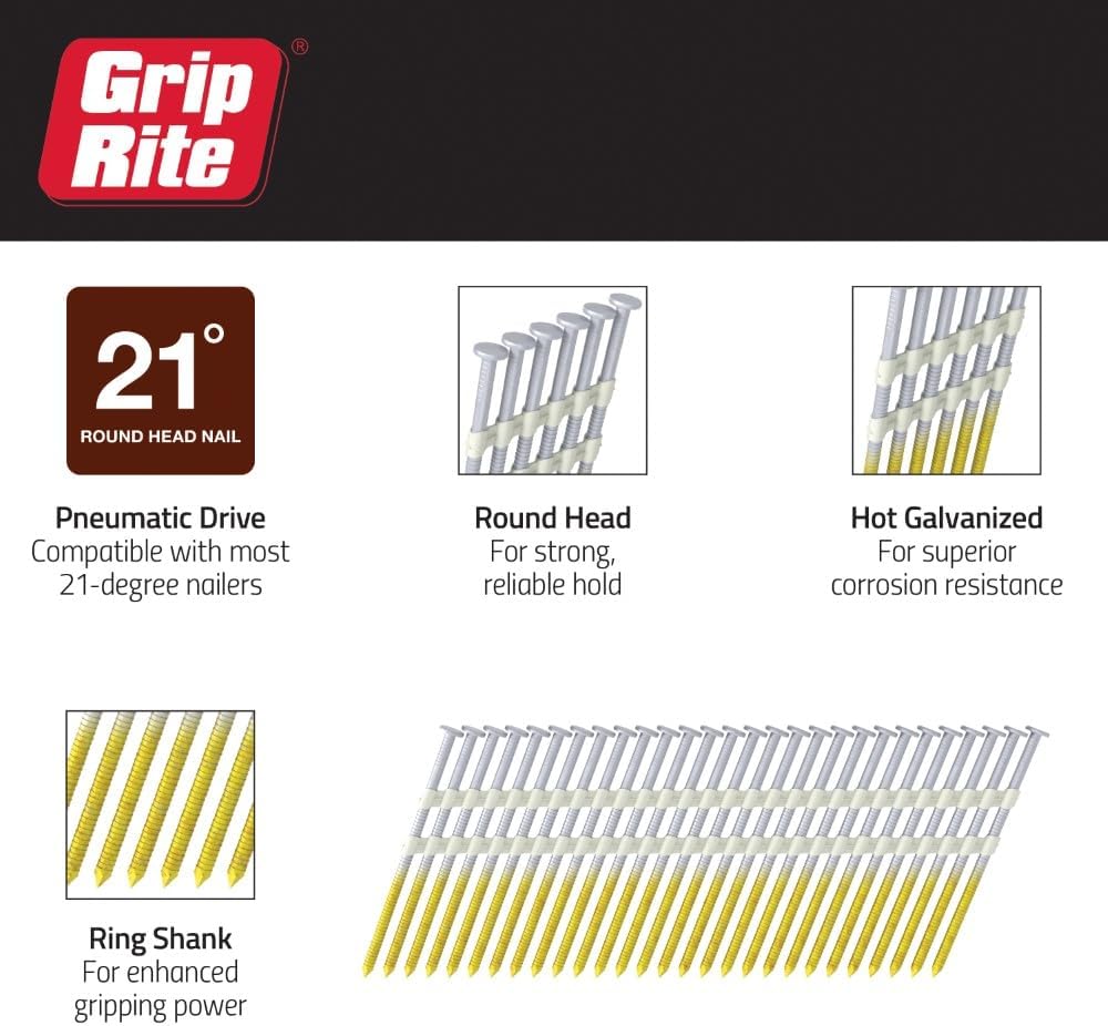 Grip-Rite 21 Degree Framing Nails - Exterior Galvanized Nails for Wood-to-Wood Framing Projects - Plastic Strip Collated Fastener - Round Head - Ring Shank - 2' x .113' - 5000 Count - GR04HG