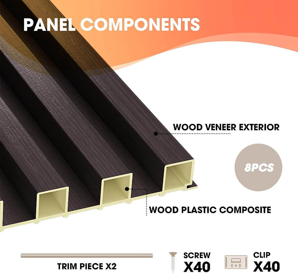 OUZUGIE WPC Acoustic Slat Wall Paneling, 8-Pack 96 x 6 Inches 3D Wall Panels for Interior Wall Decor,Living Room,TV Background,Study Room,Office Spaces,Bedroom,High Grille (Walnut)