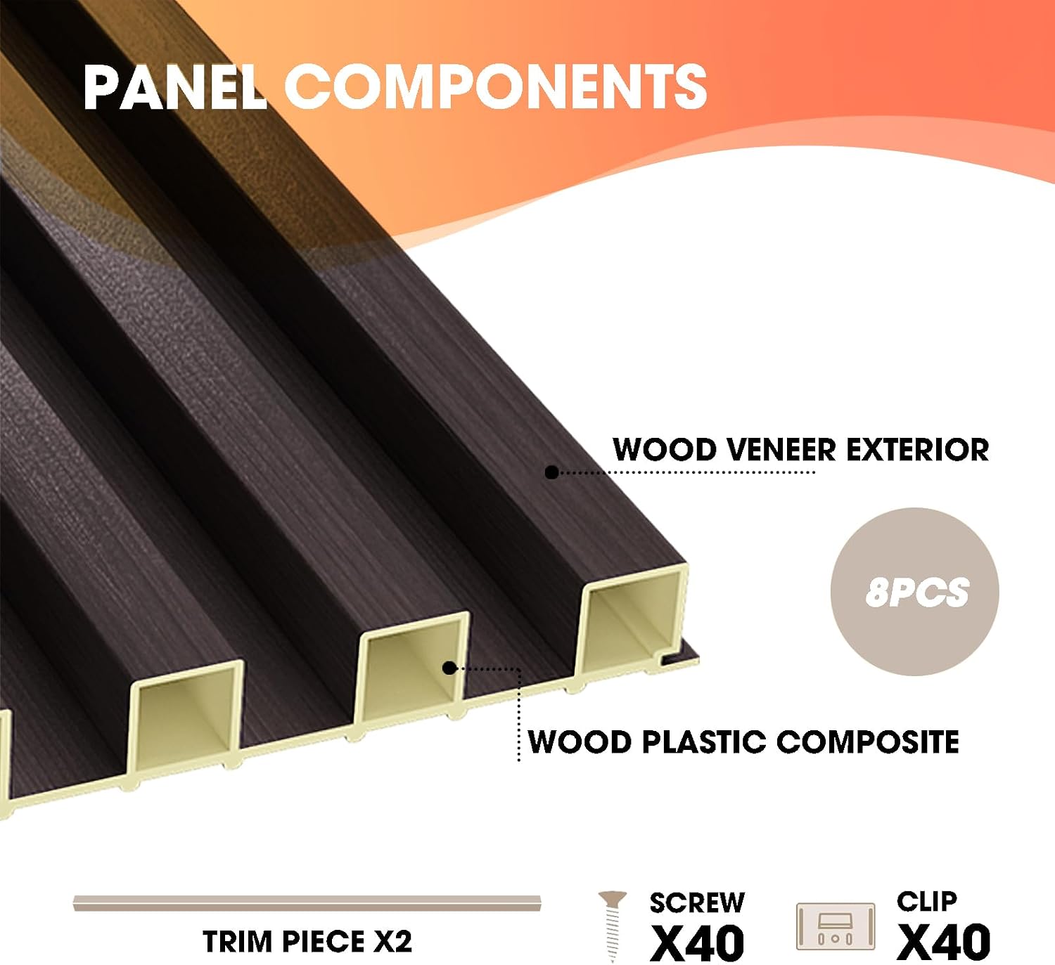 OUZUGIE WPC Acoustic Slat Wall Paneling, 8-Pack 96 x 6 Inches 3D Wall Panels for Interior Wall Decor,Living Room,TV Background,Study Room,Office Spaces,Bedroom,High Grille (Walnut)