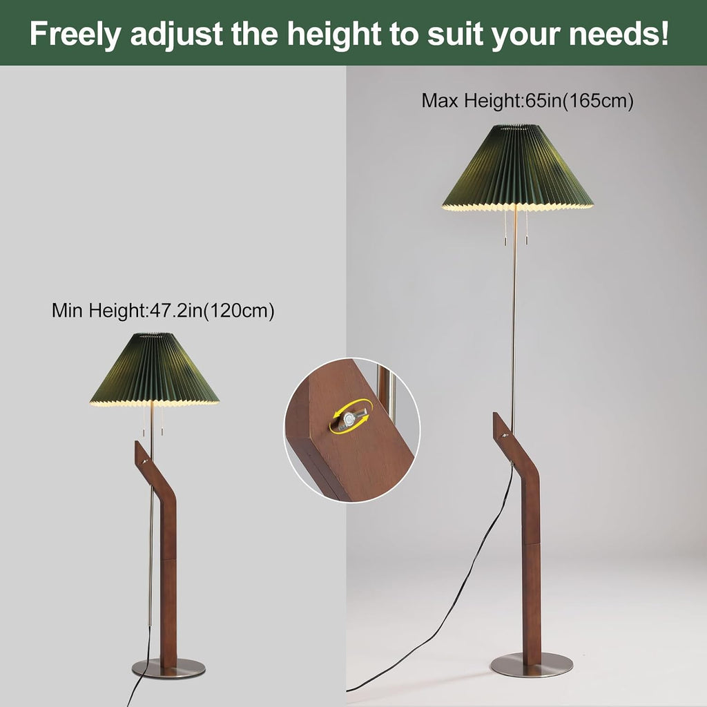 Mid Century Modern Wood Floor Lamp, Green Pleated Lampshade | Height Adjustable, Living Room, Study Room, Bedroom, Office,Sand Nickel,Tall Standing Dual Lamp Heads