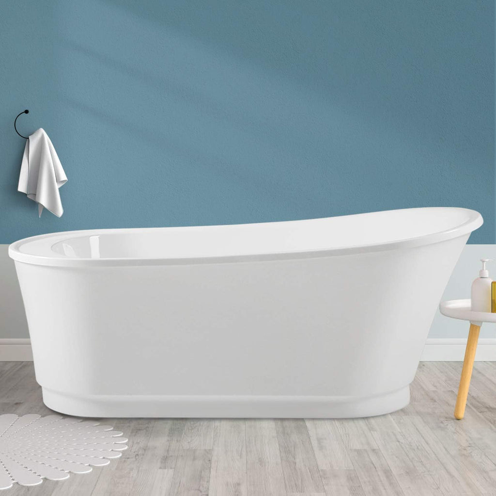 FerdY Langkawi 67' Acrylic Freestanding Bathtub, White Modern Stand Alone Soaking Bathtub, cUPC Certified, Brushed Nickel Drain & FerdY Back Scrubber for Shower,Long Handled Loofah on a Stick