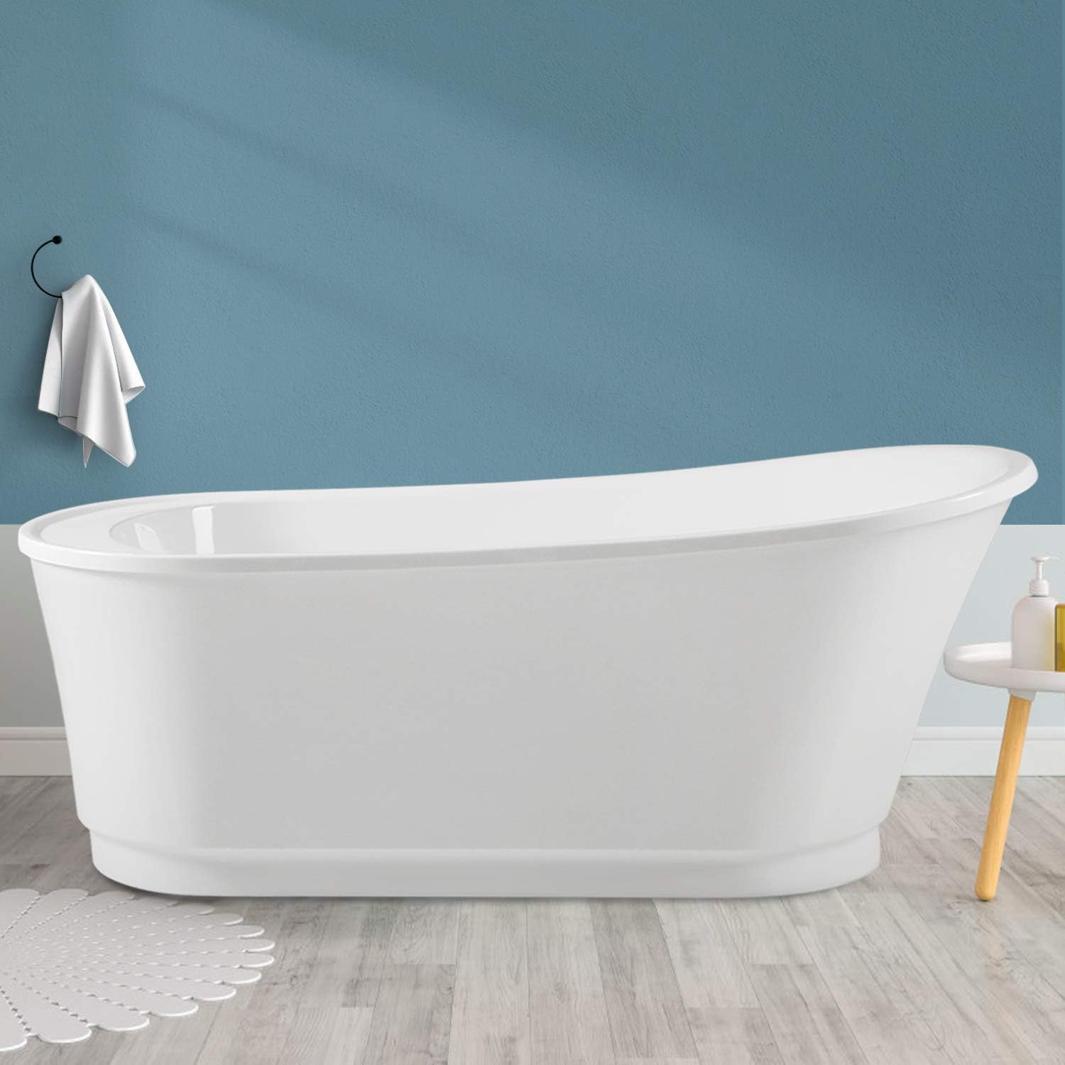 FerdY Langkawi 67' Acrylic Freestanding Bathtub, White Modern Stand Alone Soaking Bathtub, cUPC Certified, Brushed Nickel Drain & FerdY Back Scrubber for Shower,Long Handled Loofah on a Stick