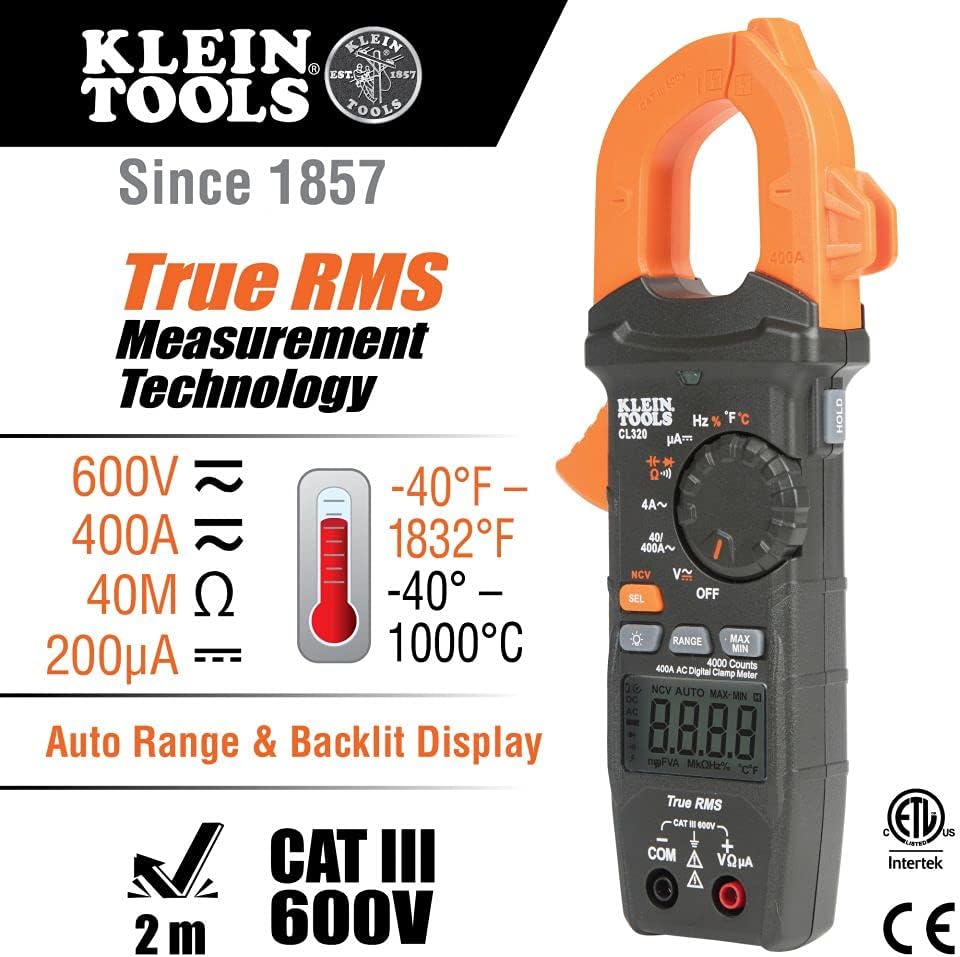Klein Tools CL320KIT HVAC Kit for HVAC Testing; Digital Clamp Meter, Non-Contact Voltage Tester & 32561 Multi-Bit Screwdriver/Nut Driver, 6-in-1 Stubby Screwdriver with 2 Phillips, 2 Slotted Bits