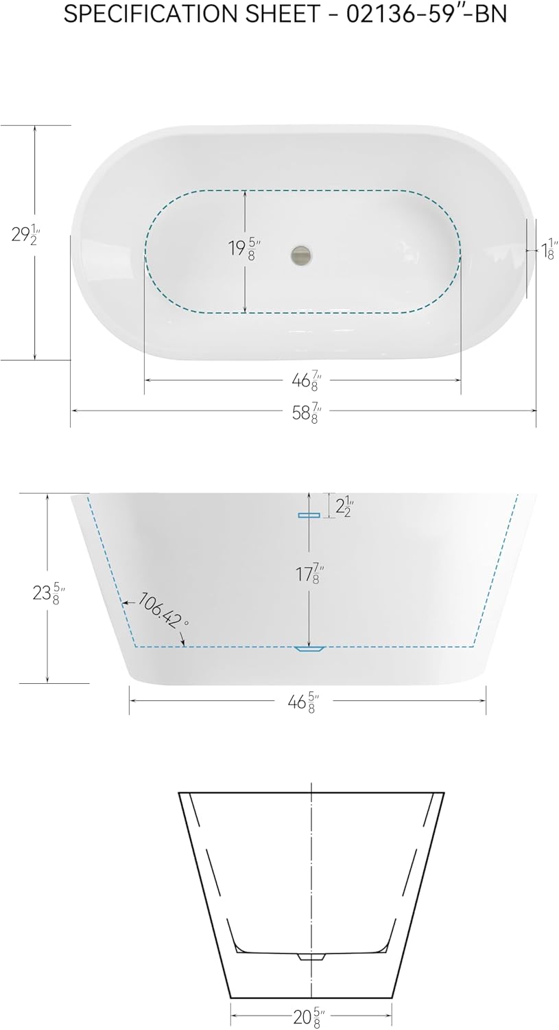59' Acrylic Freestanding Bathtub, Modern & Contemporary Design Soaking Tub with Brushed Nickel Toe-tap Drain in Chrome and Integrated Slotted Overflow, Glossy White, cUPC Certified, 02136-BN