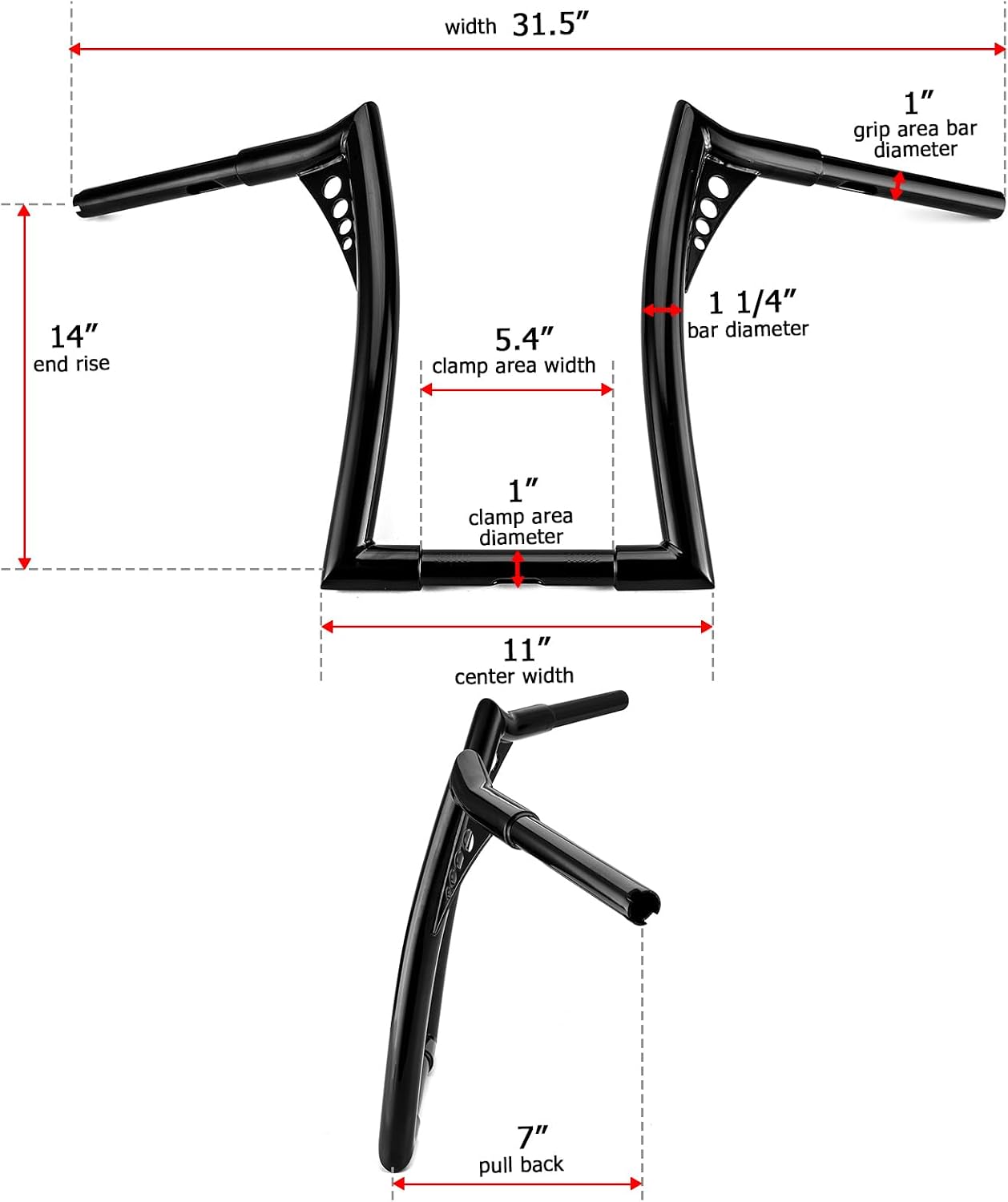 Mofun 14' Rise Ape Hangers Handlebar, 1-1/4' Bar Diameter, 1' Clamp Area Diameter Compatible with Harley Sportster XL 883 1200 Softail Dyna, Road King 1994-2022, Road Glide 1998-2013, Gloss Black