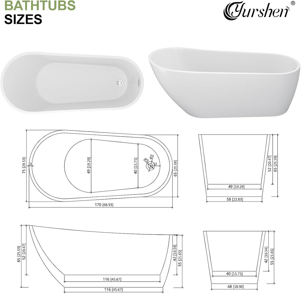 67' Freestanding White Acrylic Slipper Bathtub – Spacious Soaking Tub with Chrome Drain and Ergonomic Backrest for Luxurious Home Bathing, YSB9213